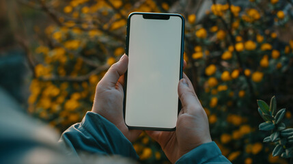 Person Holding Smartphone Surrounded by Vibrant Yellow Flowers in Outdoor Setting During Daylight