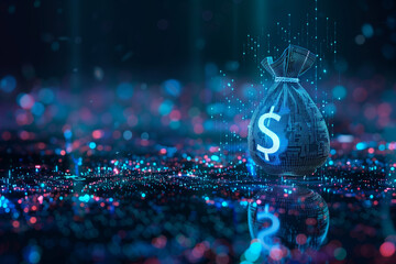 Digital Blue Moneybag: Dollar $ Icon with Binary Code, AI Financial Transactions, Fraud Detection Algorithms, Portfolio Management, Personalized Financial Planning Services Money Bag
