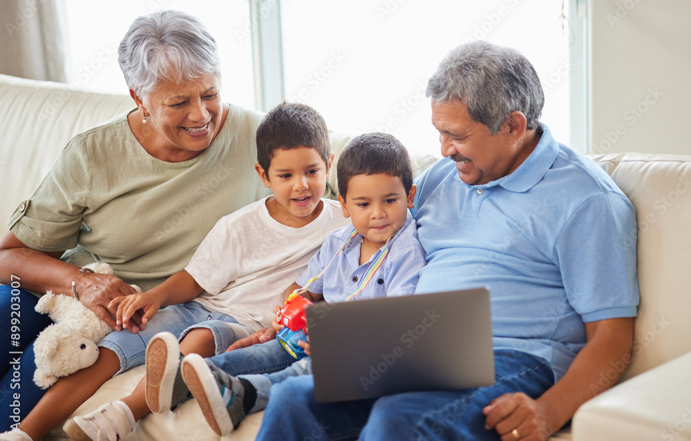 Canvas Prints Laptop, kids and grandparents on sofa together for streaming cartoon, watch movies and bonding in home. Happy, children and senior couple on couch with computer for online games, elearning and love