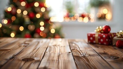 Christmas Tabletop with Gifts and Blurred Lights