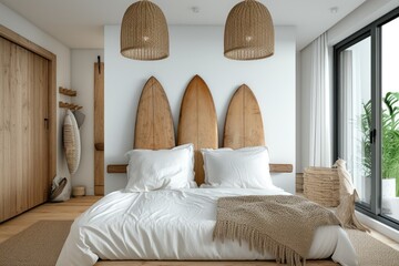 Modern boho bedroom with surfboard headboard.