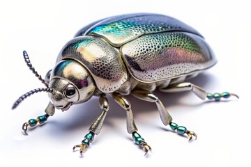 Naklejka premium A highly detailed, isolated, shiny silver beetle with intricate body patterns and metallic sheen, perfectly lit, against a pure transparent background, showcasing nature's elegance.