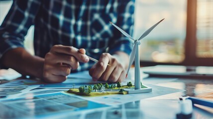 Obraz premium A person is drawing a wind turbine on a piece of paper
