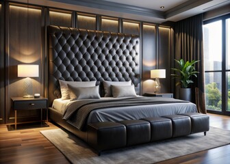 Obraz premium Luxurious black leather upholstery on a sleek headboard, adorned with subtle stitching, exudes sophistication and elegance in a modern, high-end bedroom setting.