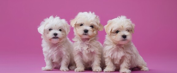 Beautiful and cute maltese puppies on a purple background