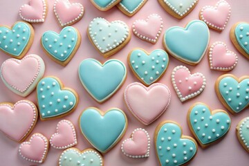 Obraz premium Whimsical arrangement of heart-shaped cookies in soft pink, baby blue, and creamy white on a delicate pastel pink background, perfect for Valentine's celebration.