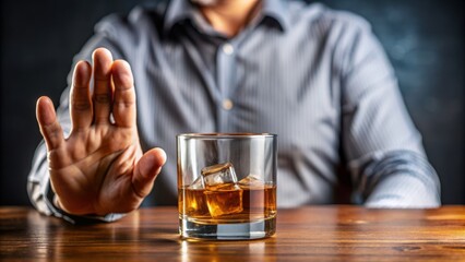 A determined male hand forms a stopping sign, refusing a whiskey glass, symbolizing strength to quit booze and overcome alcoholism in a bold, healthy choice.