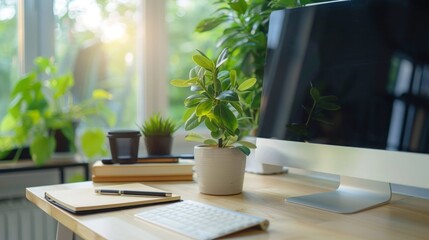 Clean office table with small plant near