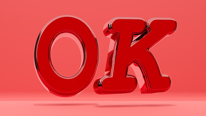 Graphic icon. red text of ok, red crystal glass text on red background. 3d rendering