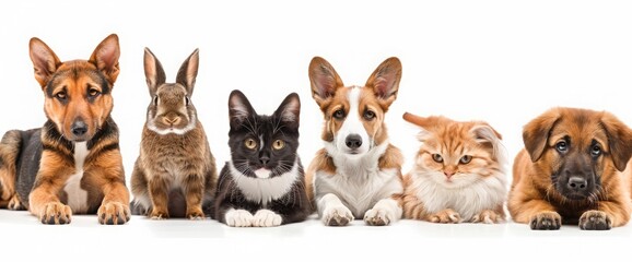 Beautiful cats, dogs and a rabbit in front of a white background
