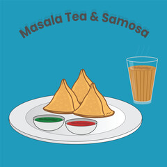 Indian breakfast samosa and tea vector illustration