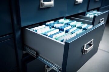 An open drawer of a metal filing cabinet, revealing neatly organized documents.