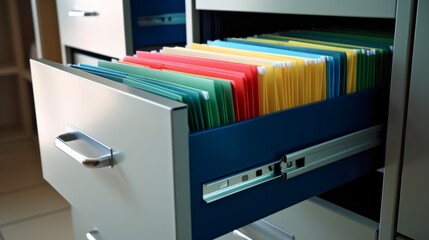 An open drawer of a metal filing cabinet, revealing neatly organized documents.