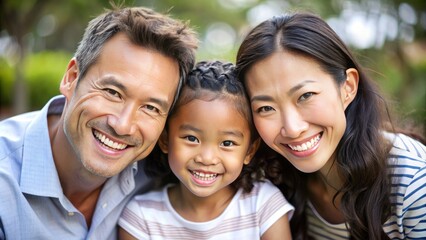 Casual close-up portrait of mixed-race family of white father, asian mother, and biracial daughter. All are looking at the camera and smiling.