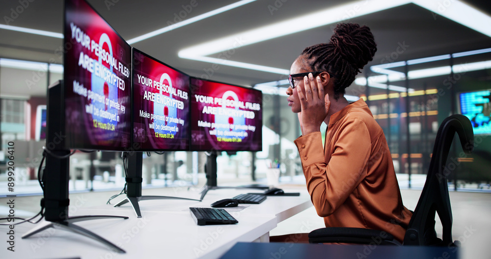 Poster ransomware malware attack and breach. business computer hacked