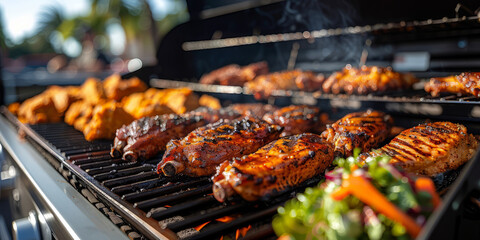 Stadium tailgating or grilling on a yoder smoker ys640s pellet grill outside a foodpall stadium with chicken on the grill having fun.