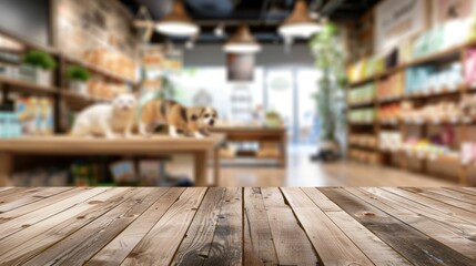 Wooden Table In Pet Store With Blurred Background