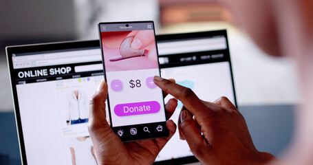 Woman Using Online Money Donation Mobile Phone App