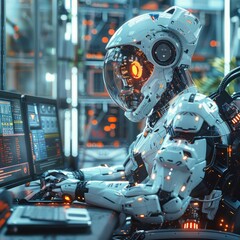 Fototapeta premium A cyborg sitting at a minimalist desk, surrounded by advanced technology Generated AI