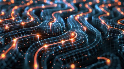 A computer generated image of a blue and orange line with many small dots