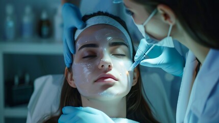 Beautician doctor providing a safe and effective laser face peel for a young girl.