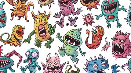 Whimsical Colorful Cartoon Monsters Characters Pattern Background