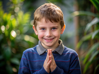 A deaf austic boy looking at the camera and using sign language to say thank you