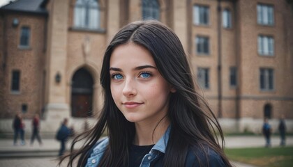 Fototapeta premium Portrait of a teenage girl against the backdrop of an educational campus