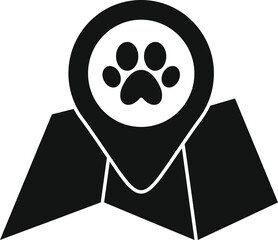 Black and white icon of a map pin pointing a paw print