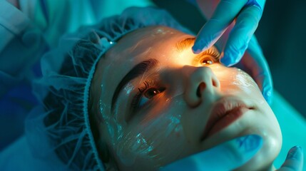 Close-up of the laser peeling machine in action on the young girl's face