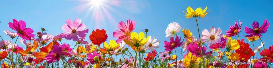 Fototapeta premium A field of brightly colored cosmos flowers under a clear blue sky, the sun illuminating each petal and highlighting the delicate structure of the flowers