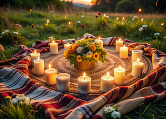 Serene atmosphere surrounds empty circle of candles, flowers, and woven blankets, evoking sense of sisterly community and spiritual connection in a peaceful outdoor setting.