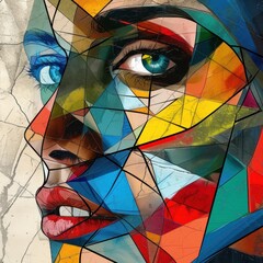 Fototapeta premium A distorted human face made of geometric shapes and lines, cubism By Generated AI