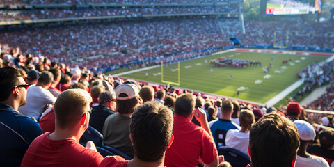 a view down the ranks at an american football stadium. The back of fans are visible that are cheering and supporting their team.generative ai