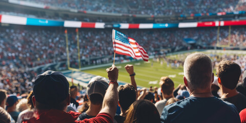 Obraz premium a view down the ranks at an american football stadium. The back of fans are visible that are cheering and supporting their team.generative ai