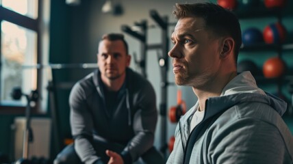 Obraz premium Two men are in a gym, one of them is wearing a hoodie