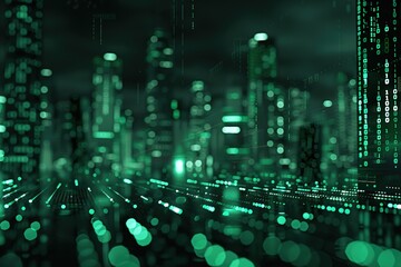 Green cityscape made of glowing digital code representing the technological future. Dark and blurry background highlights the lights from pixelated buildings, symbolizing advanced technology