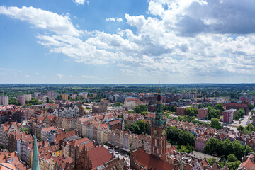 Fototapeta premium Aerial View of the Historic European Town of Gdansk, Danzig with Red Roof Buildings and Green Landscape