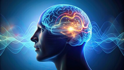 Close up of a human head silhouette with abstract brain waves, mind, intelligence, brain, cognitive