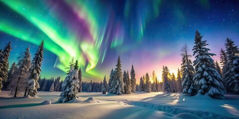 Colorful Northern lights dancing over snow-covered forest in Finland, Aurora Borealis, Arctic, Winter, Polar, Finland, Snow