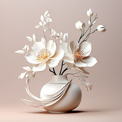 White flowers in a unique vase: Detailed image on a light pink background. AI Generation.