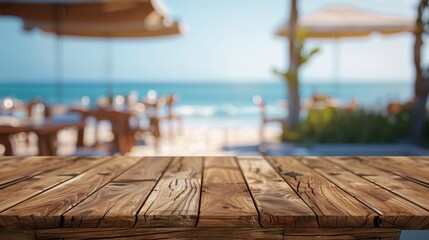 Wooden Table with Blurred Beach Background