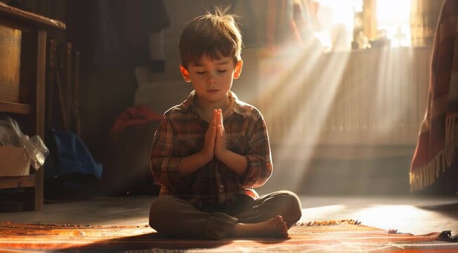child sits on the floor, hands clasped together in prayer with sunlight streaming