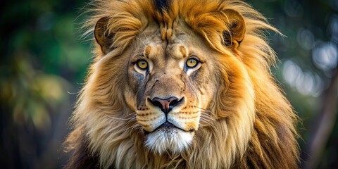 Naklejka premium Majestic lion in close-up , regal, powerful, feline, wild, animal, predator, king of the jungle, mane, portrait, fierce