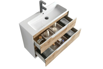 Modern Bathroom Vanity With Open Drawers and Natural Light