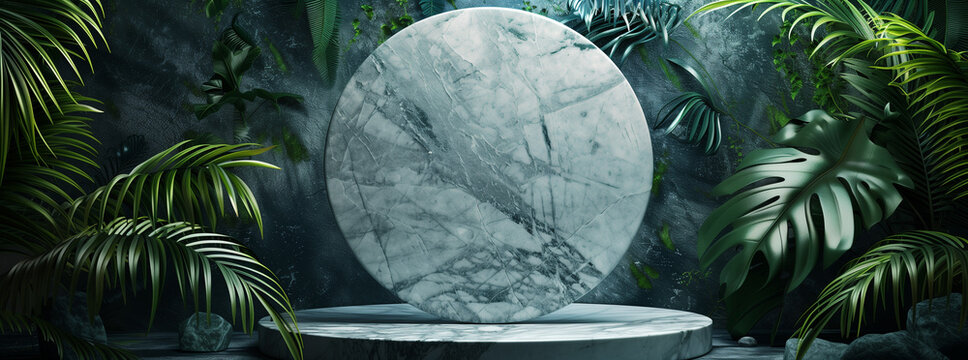 Enchanting Marble Round Shape Amidst Jungle Shadows - Photo-Realistic Landscape Commission for Eco-Friendly Craftsmanship