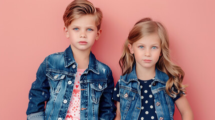 Two children in denim jackets standing against a pink background, presenting a fashionable and contemporary look with ample copy space.