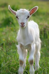 Fototapeta premium A Young White Goat Standing in Green Grass