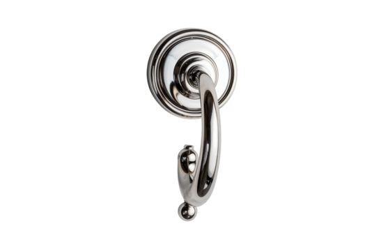 A Polished Chrome Hook With Ornate Details, Set Against a Pristine White Background