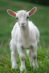 Obraz premium White Goat Kid Standing in Green Grass